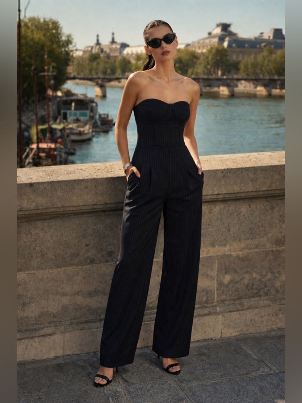 By Anthropologie Black and White Pinstriped Tailored Jumpsuit Size 10